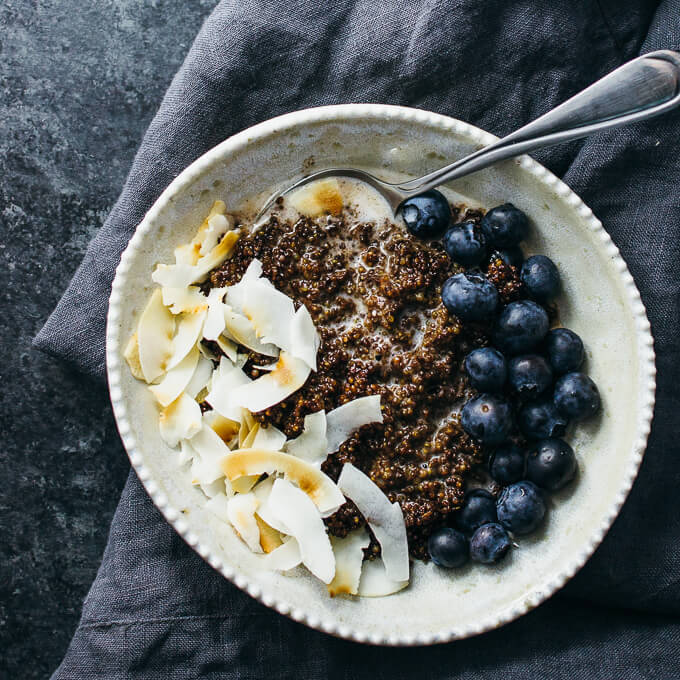 Chocolate Quinoa Breakfast Bowl with Coconut and Blueberries
